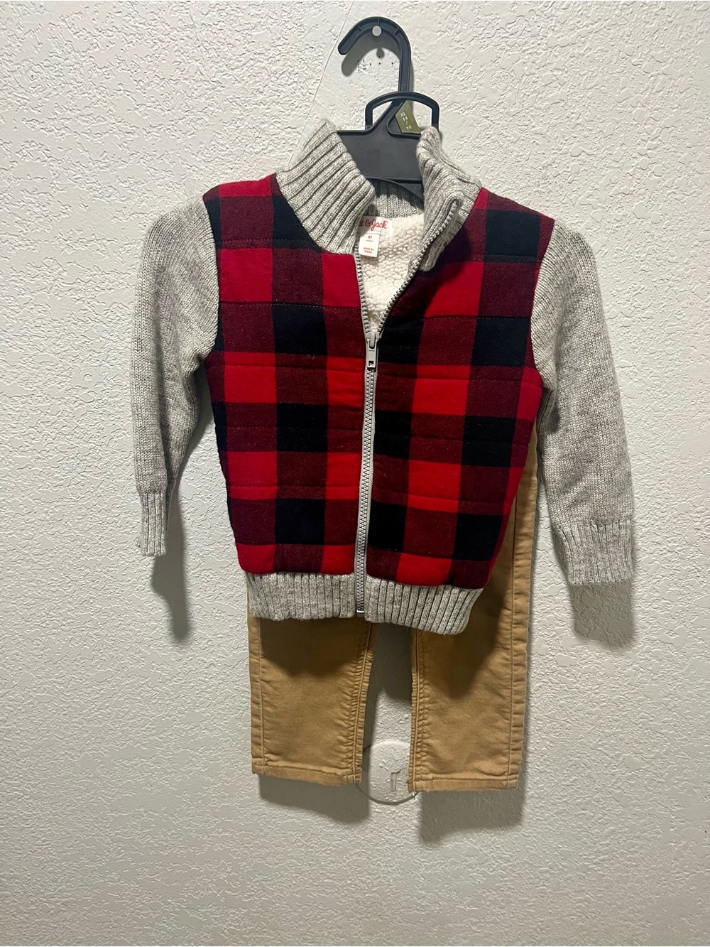 Cat & Jack Red Buffalo Plaid Zip Sweater Jacket & Khaki Straight Leg Pants